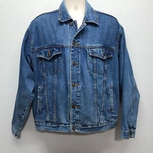 Cosmo Trucker Jacket‎ Mens L Blue Jean Denim Cotton Casual Distressed